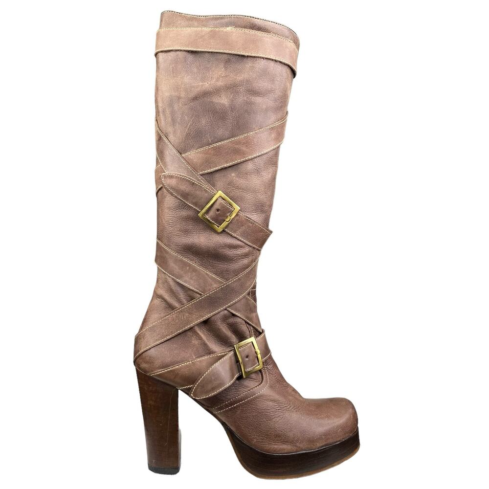 Vintage Steve Madden Women's Brown Leather Y2K Platform Boot Size 38 US 7.5